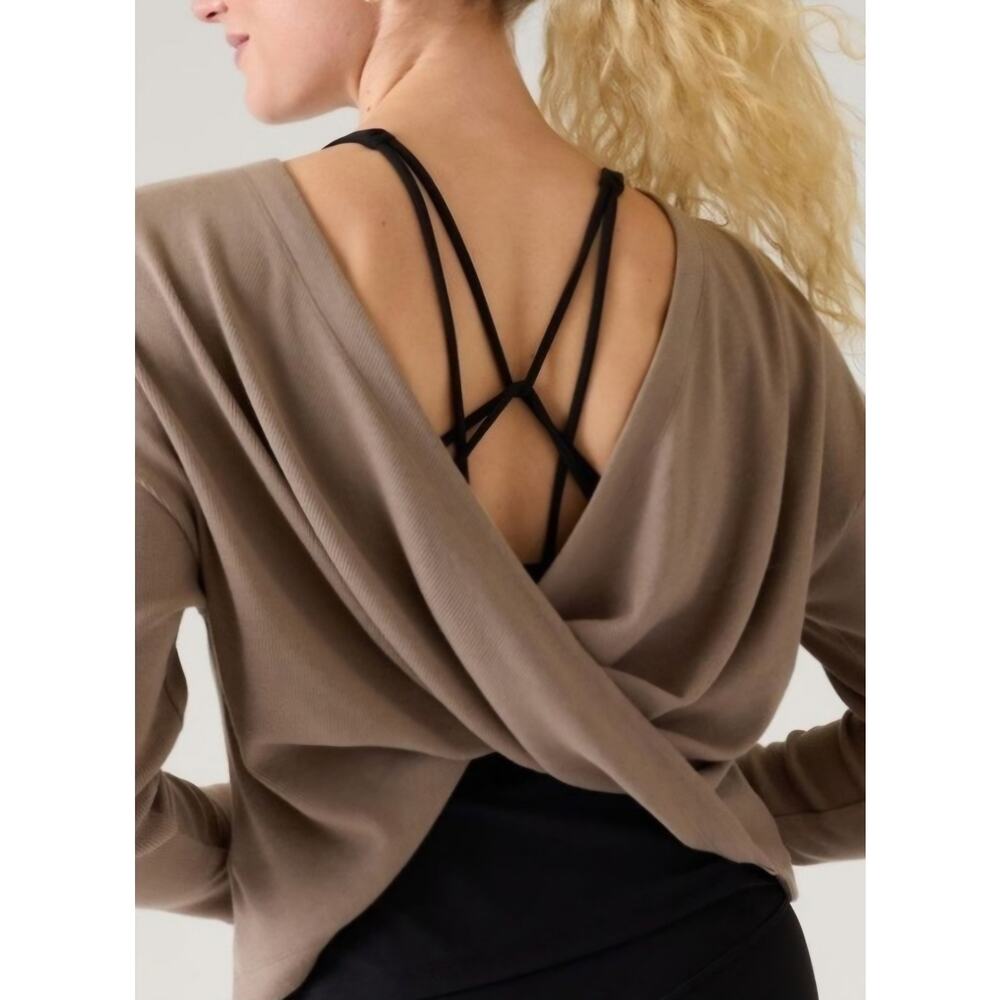Athleta Neutral Ribbed Twist Back Long Sleeve Top Size M Athleisure Minimalist